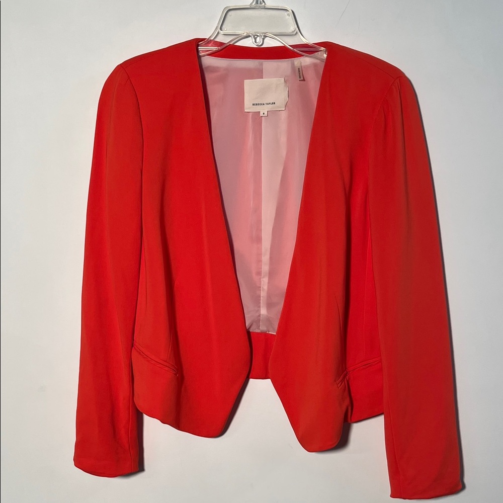 REBECCA TAYLOR Career Travel Peplum Back Faux Pocket Open Front Orange Blazer 8